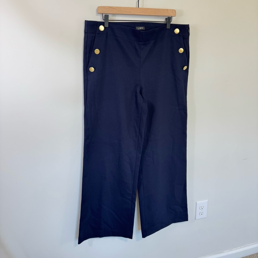 Loft Navy High Waist Trouser Wide-Leg Pants with Gold Buttons – Size 14